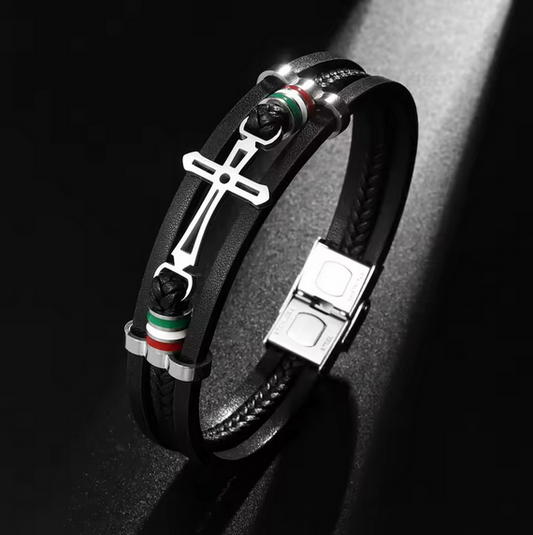Fashion Stainless Steel Cross Layered Leather Woven Bracelet