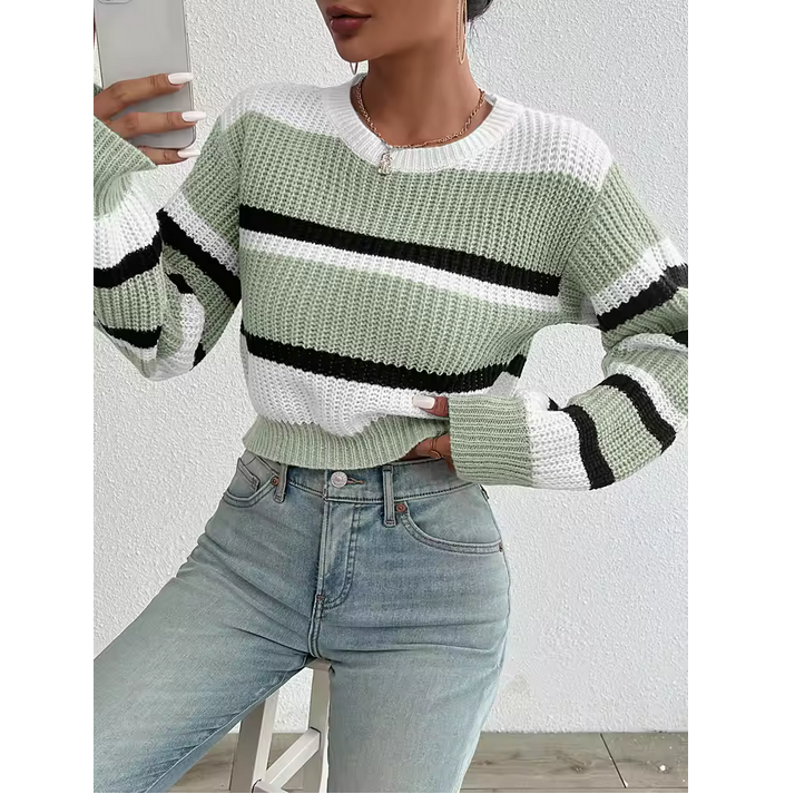 Autumn Winter Color Block Sweater Women Loose Knit Drop Shoulder Pullover