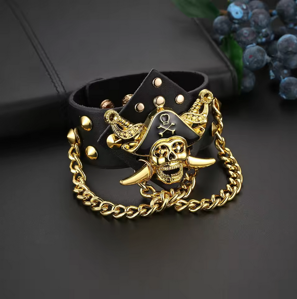 Boniskiss Punk Rock Men Leather Rope Bracelet Pirate Skeleton Head Cool
