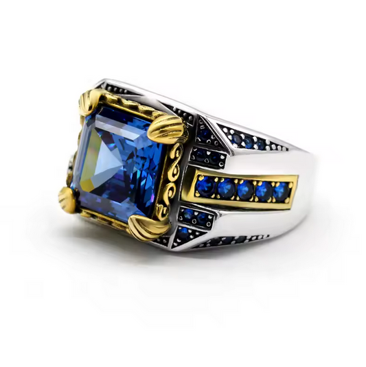 Sterling Silver Square Men Ring With Faceted Blue Zircon Fashion