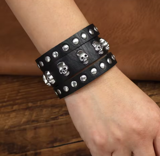 Vintage Cuff Wide Leather Skull Bracelet