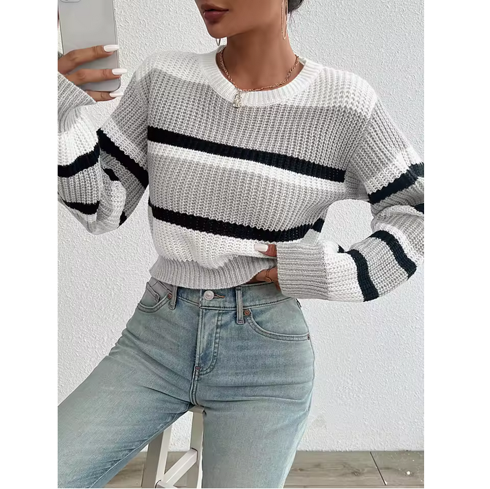 Autumn Winter Color Block Sweater Women Loose Knit Drop Shoulder Pullover
