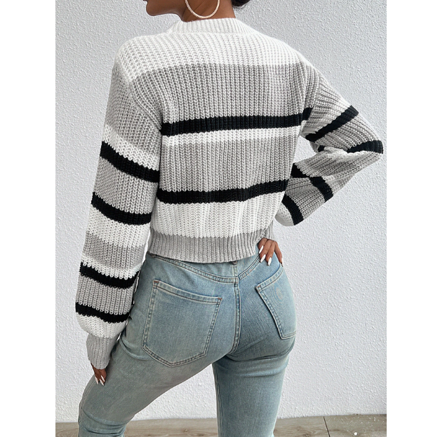 Autumn Winter Color Block Sweater Women Loose Knit Drop Shoulder Pullover