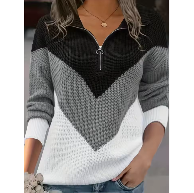 Color Block Knit Pullover Shoulder Zipper HalfBreasted Sweater For Women