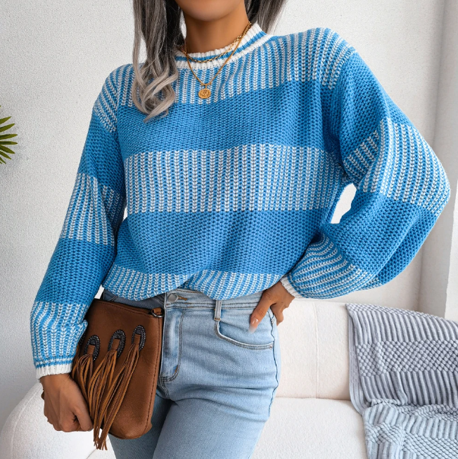 Autumn Winter Women Striped Pullover Casual Long Sleeve Round Neck Contrast Sweater