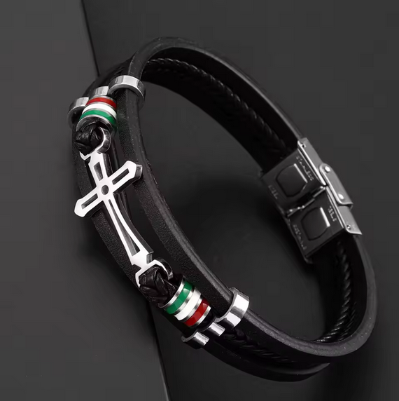 Fashion Stainless Steel Cross Layered Leather Woven Bracelet