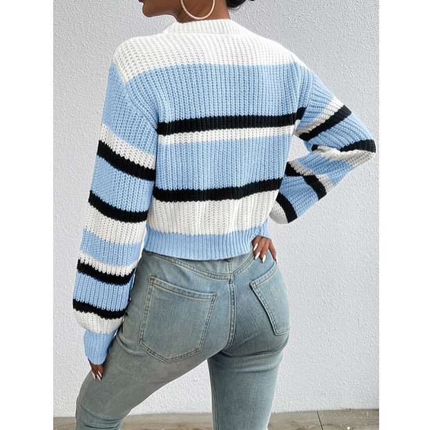 Autumn Winter Color Block Sweater Women Loose Knit Drop Shoulder Pullover