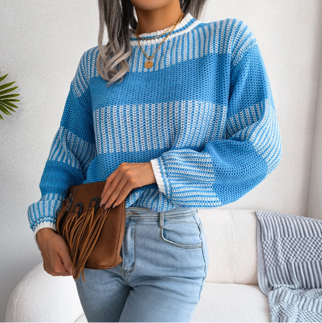 Autumn Winter Women Striped Pullover Casual Long Sleeve Round Neck Contrast Sweater