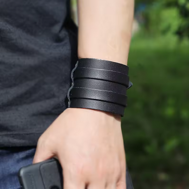 Punk Men Leather Bracelet Double Layer Wide Cowhide Wristband