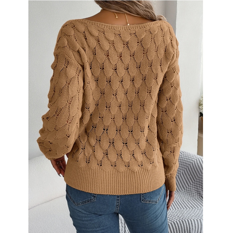 Casual Pink Pullover Women Hollow Out Lantern Sleeve Off Shoulder Sweater