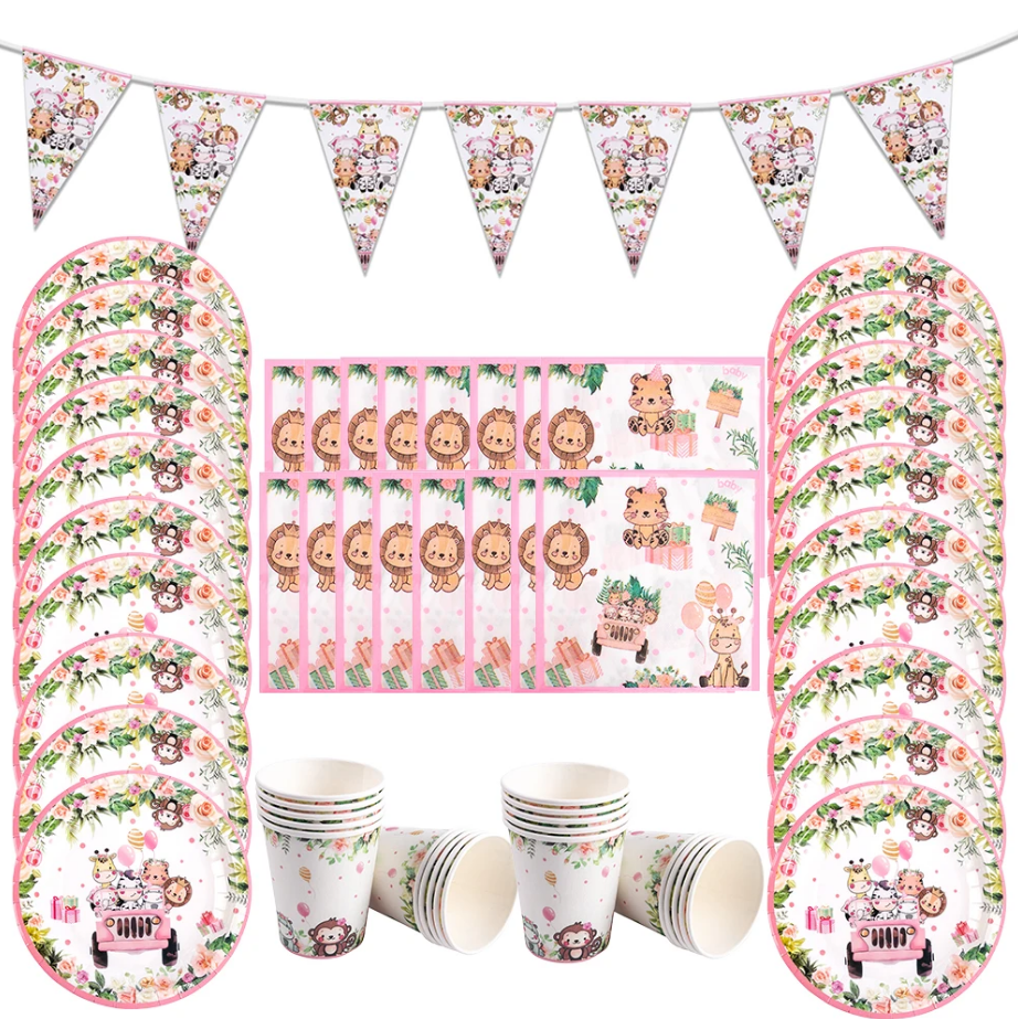 Tableware Pink Jungle Animal Paper Plate Cup Birthday Party Decor