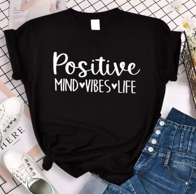 Positive Vibes Letter Print Tshirt Women Casual Loose Fit Short Sleeve Top