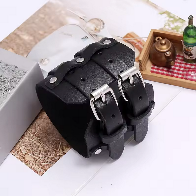 Punk Men Leather Bracelet Double Layer Wide Cowhide Wristband