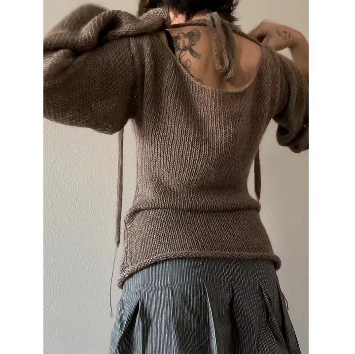 Fashion Women Tie Back Sweater Boat Neck Long Sleeve Knit Pullover