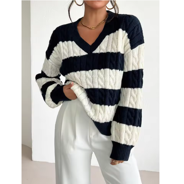 Autumn And Winter V neck Twisted Flower Pullover Sweater For Women Clothing