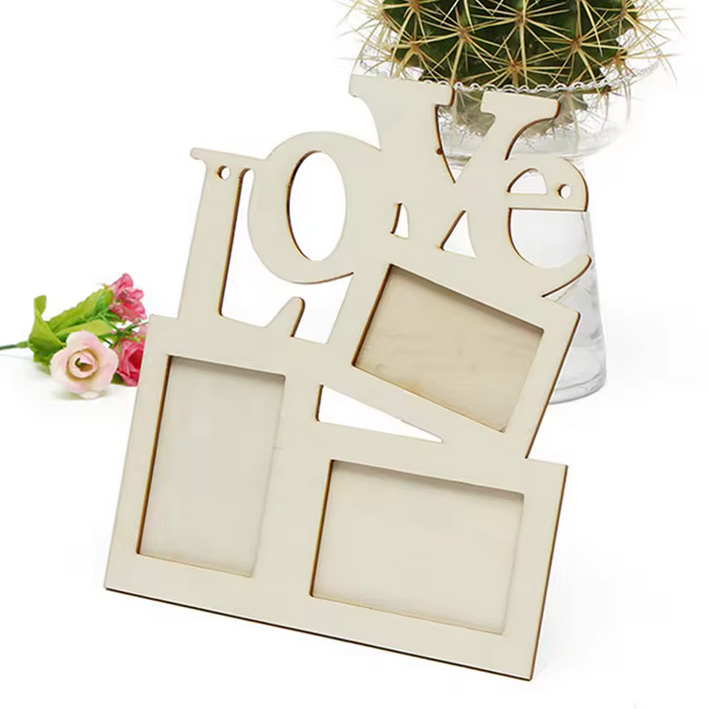 Wooden Love Frame 3 Photo Capacity Decoration For Craft Or Gift