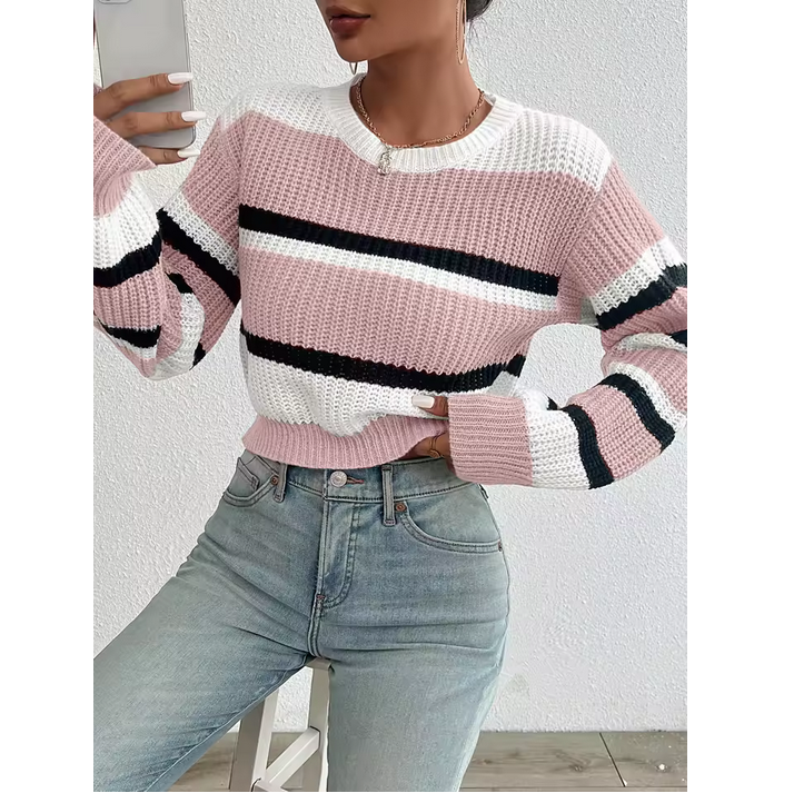 Autumn Winter Color Block Sweater Women Loose Knit Drop Shoulder Pullover
