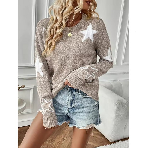 Fashion Women Sweater Round Neck Knit Top with Star Print Design