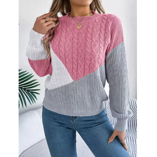Women Casual Pullover Autumn Winter Patchwork Knitwear With Color Blocking Design