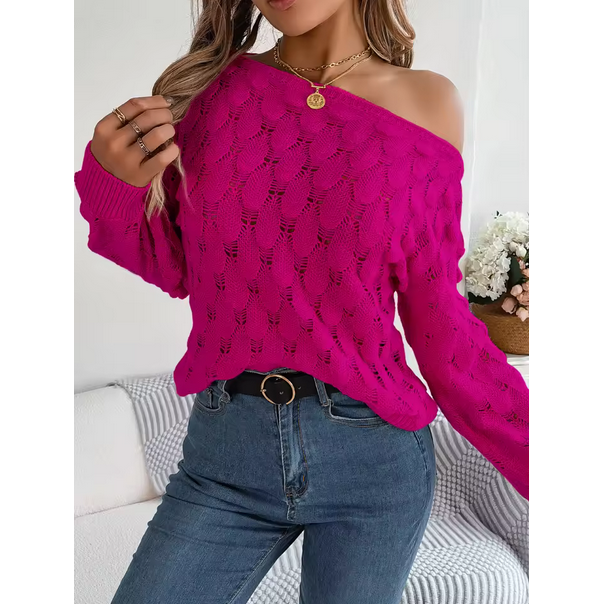 Casual Pink Pullover Women Hollow Out Lantern Sleeve Off Shoulder Sweater