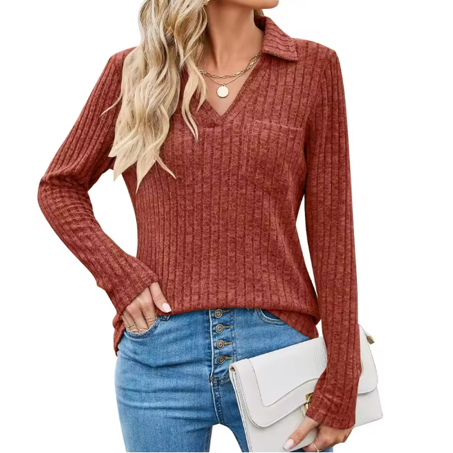 Knitted Polo Collar Top Women Long Sleeve Striped Tshirt