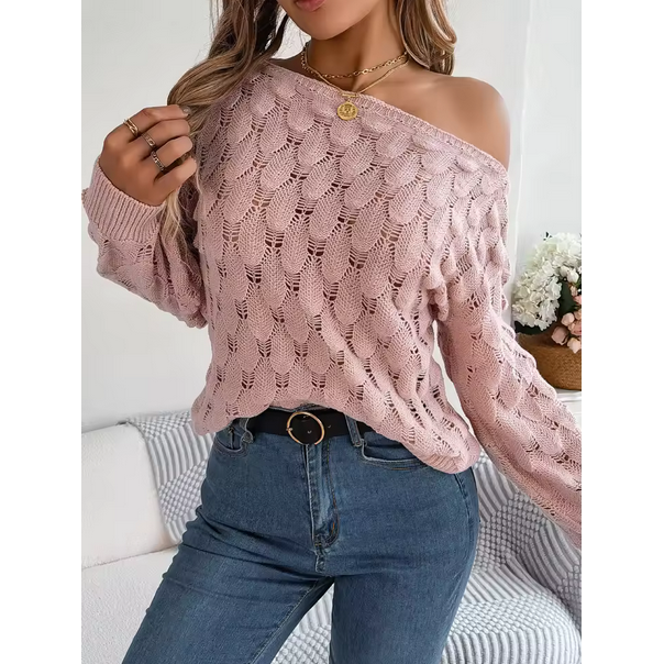 Casual Pink Pullover Women Hollow Out Lantern Sleeve Off Shoulder Sweater