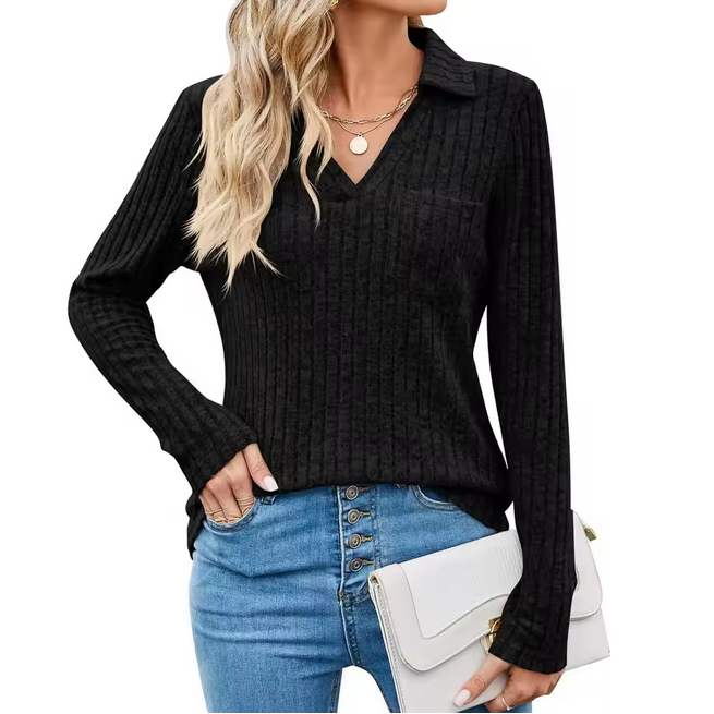Knitted Polo Collar Top Women Long Sleeve Striped Tshirt