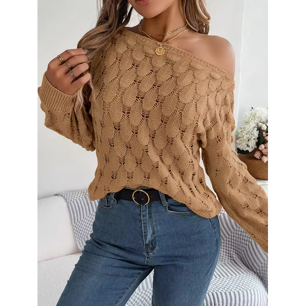 Casual Pink Pullover Women Hollow Out Lantern Sleeve Off Shoulder Sweater