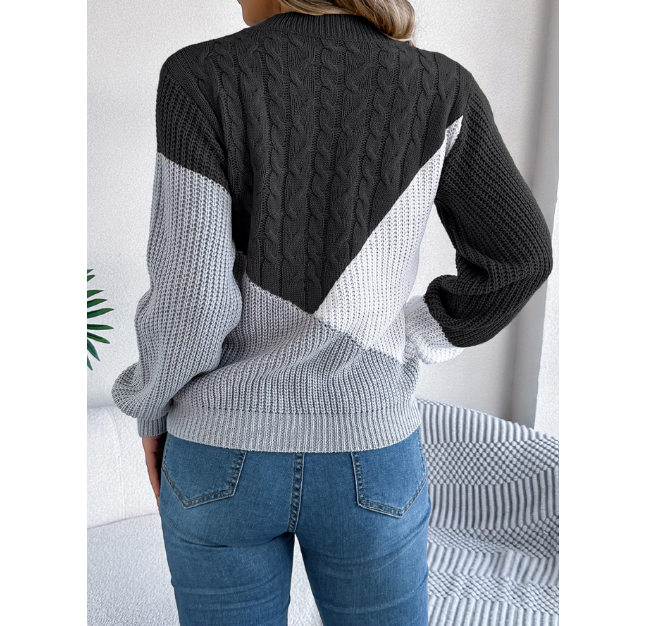 Women Casual Pullover Autumn Winter Patchwork Knitwear With Color Blocking Design