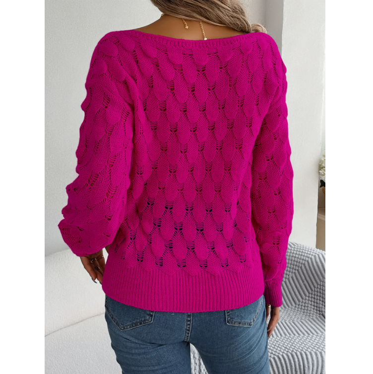 Casual Pink Pullover Women Hollow Out Lantern Sleeve Off Shoulder Sweater