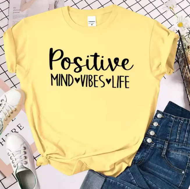 Positive Vibes Letter Print Tshirt Women Casual Loose Fit Short Sleeve Top
