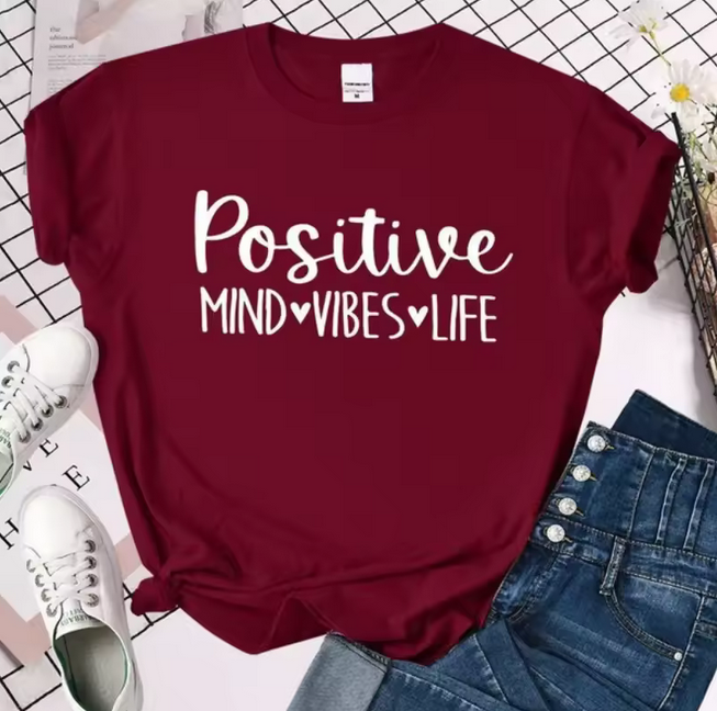 Positive Vibes Letter Print Tshirt Women Casual Loose Fit Short Sleeve Top