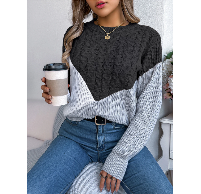 Women Casual Pullover Autumn Winter Patchwork Knitwear With Color Blocking Design