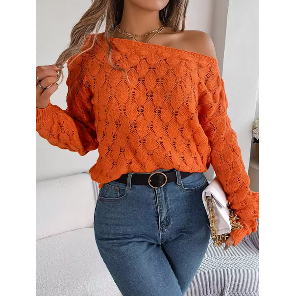 Casual Pink Pullover Women Hollow Out Lantern Sleeve Off Shoulder Sweater
