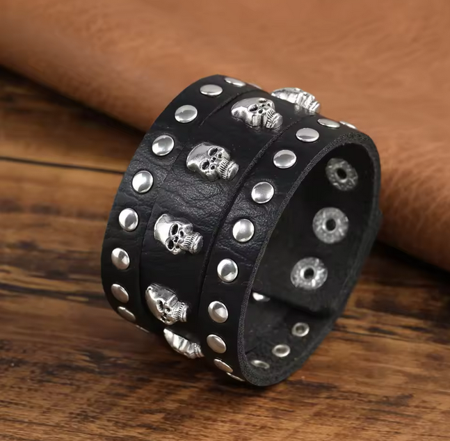 Vintage Cuff Wide Leather Skull Bracelet