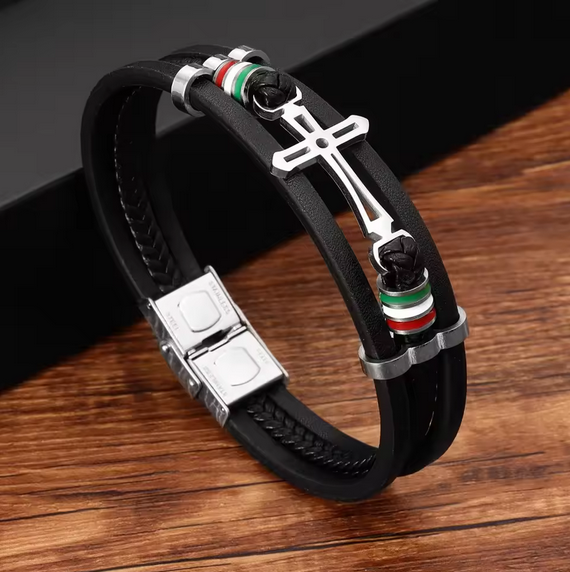 Fashion Stainless Steel Cross Layered Leather Woven Bracelet