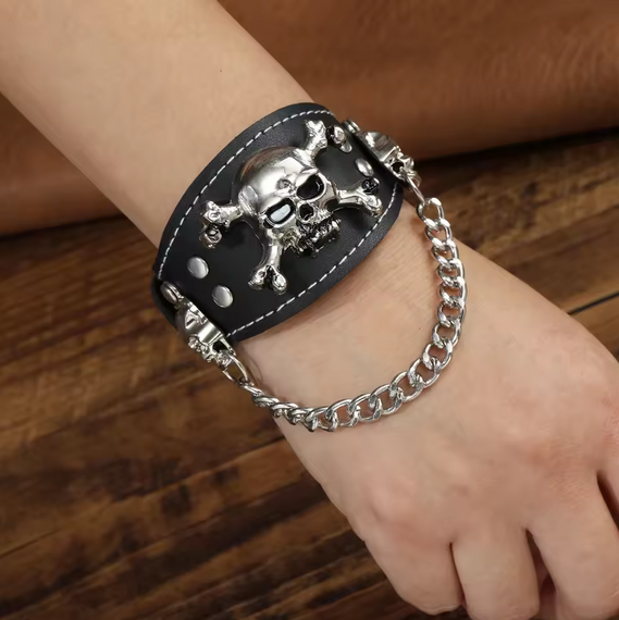 Leather Skull Bracelet Men Vintage Cuff Wide Leather Rivet Bracelet