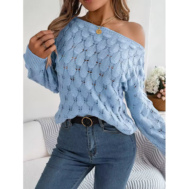 Casual Pink Pullover Women Hollow Out Lantern Sleeve Off Shoulder Sweater