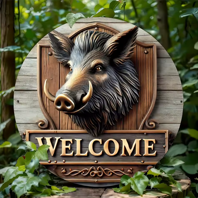 Round Rustic Boar Metal Sign