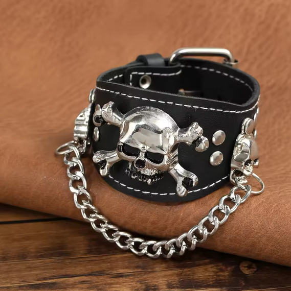 Leather Skull Bracelet Men Vintage Cuff Wide Leather Rivet Bracelet