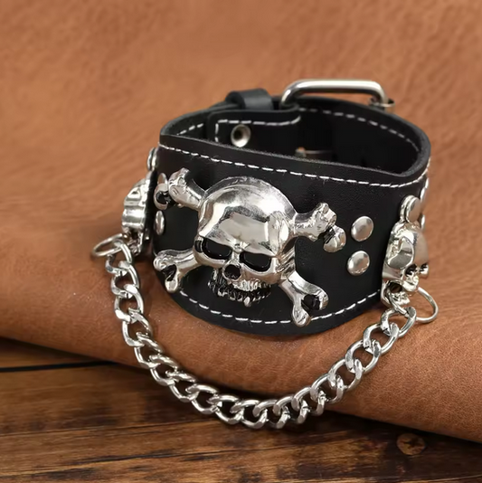 Leather Skull Bracelet Men Vintage Cuff Wide Leather Rivet Bracelet