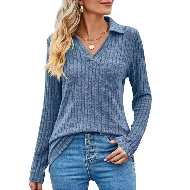 Knitted Polo Collar Top Women Long Sleeve Striped Tshirt