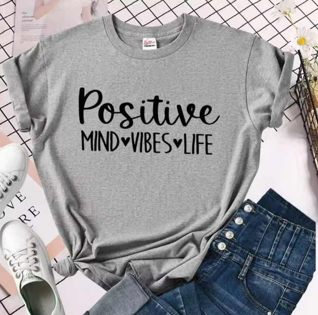 Positive Vibes Letter Print Tshirt Women Casual Loose Fit Short Sleeve Top