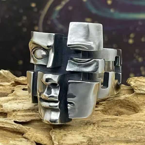 Vintage Human Face Pattern Open Adjustable Ring