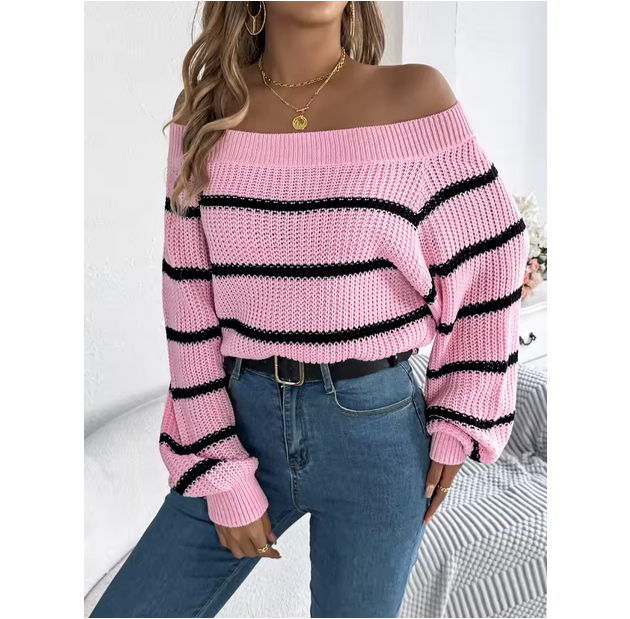 Women Lantern Sleeve Sweater Striped Off Shoulder Knit Top