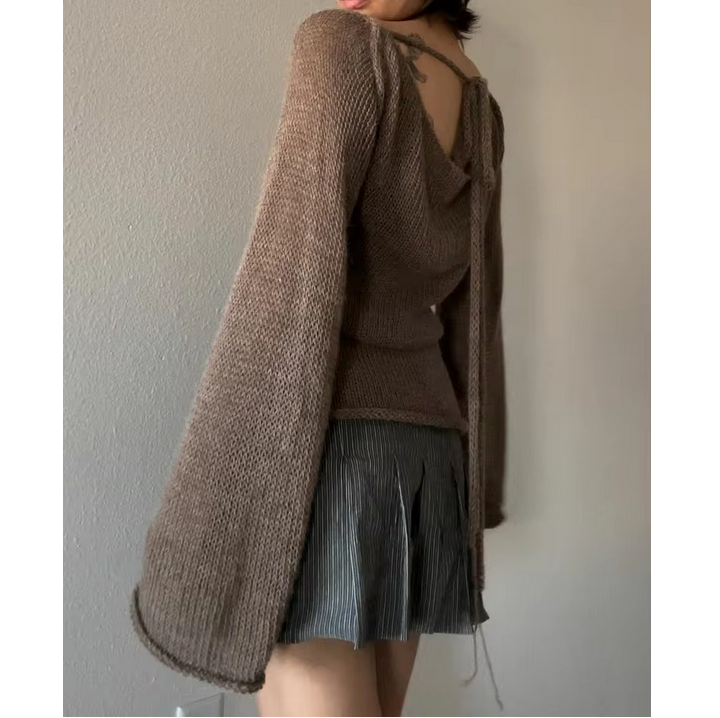 Fashion Women Tie Back Sweater Boat Neck Long Sleeve Knit Pullover