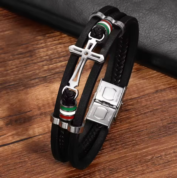Fashion Stainless Steel Cross Layered Leather Woven Bracelet