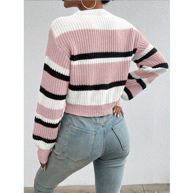 Autumn Winter Color Block Sweater Women Loose Knit Drop Shoulder Pullover