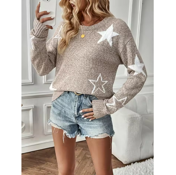 Fashion Women Sweater Round Neck Knit Top with Star Print Design