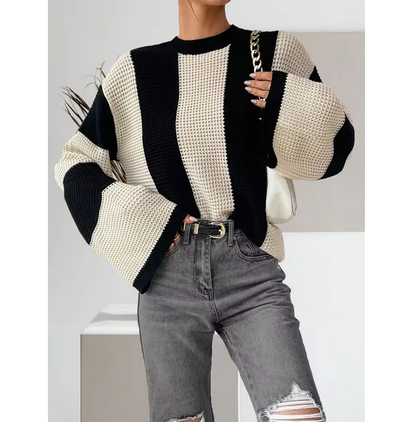 Women Knit Pullover Colorblock Round Neck Drop Shoulder Sweater